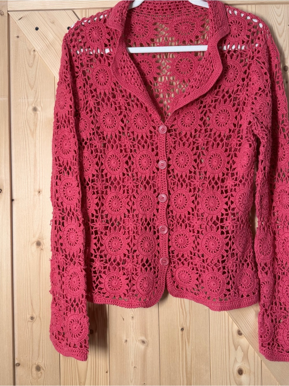 Openwork Crochet Button-Front Cardigan — Rose